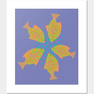 FEEDING TIME Tropical Striped Fish Undersea Ocean Coral Reef Sea Life in Green Pink Yellow Blue - UnBlink Studio by Jackie Tahara Posters and Art